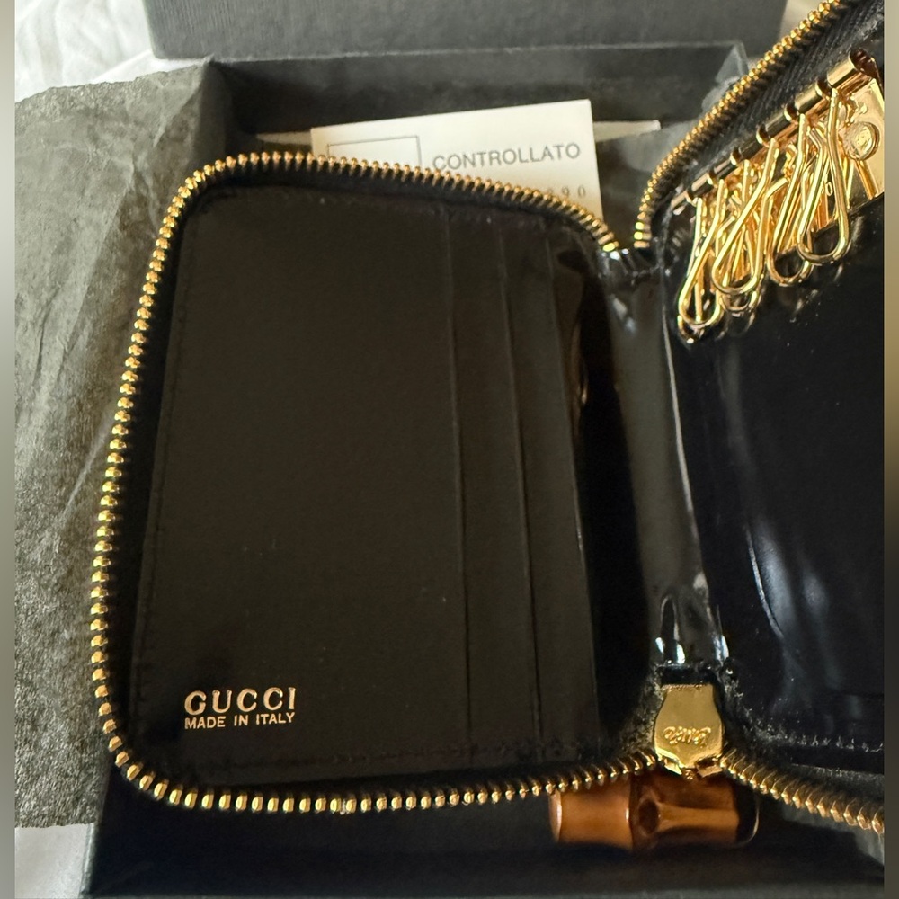 Rare Vintage Gucci Bamboo Zip Key Case Card Holder Black Patent Leather w/ Box - Picture 5 of 7